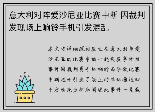 意大利对阵爱沙尼亚比赛中断 因裁判发现场上响铃手机引发混乱