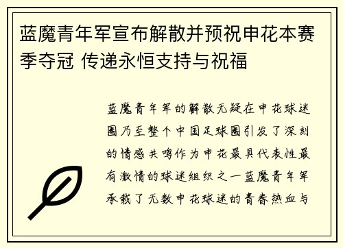 蓝魔青年军宣布解散并预祝申花本赛季夺冠 传递永恒支持与祝福